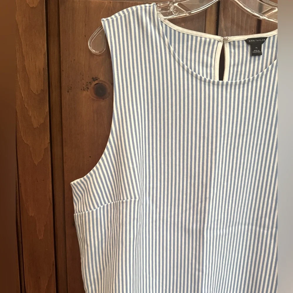 Ann Taylor XL blue/white striped lightweight jersey sleeveless peplum top. EUC - Picture 3 of 10